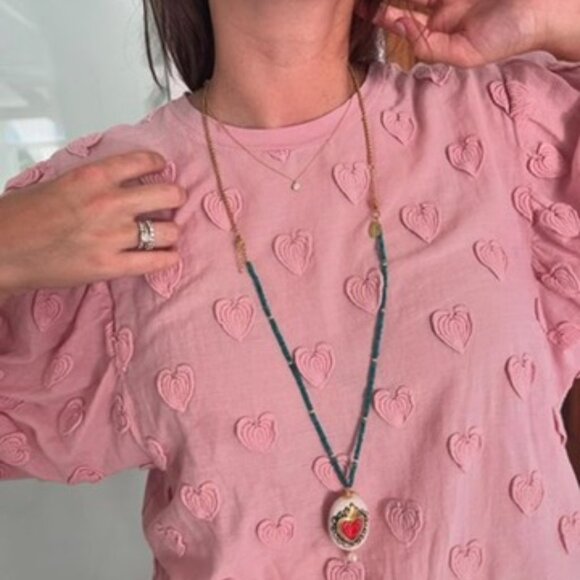 BIMBA Y LOLA Pink Heart Detailed 3/4 Sleeve Tee Cotton S - Picture 1 of 9